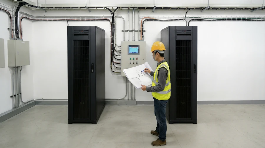 Redundancy challenges in Tier III/IV-aligned colocation data centers - Two redundant UPS systems connected to a shared control panel, illustrating how common control logic can synchronize failures.