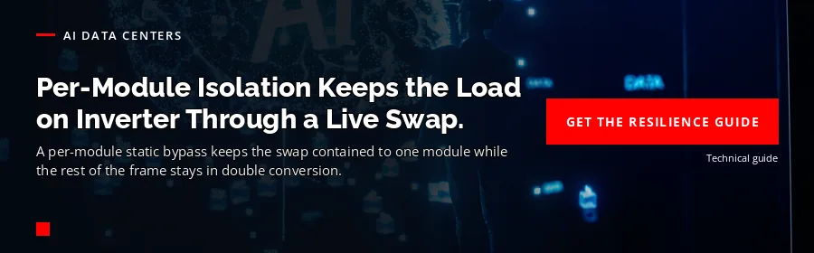Concurrent Maintainability in AI Data Centres — Power Resilience Guide: per-module isolation keeps the load on inverter through a live swap